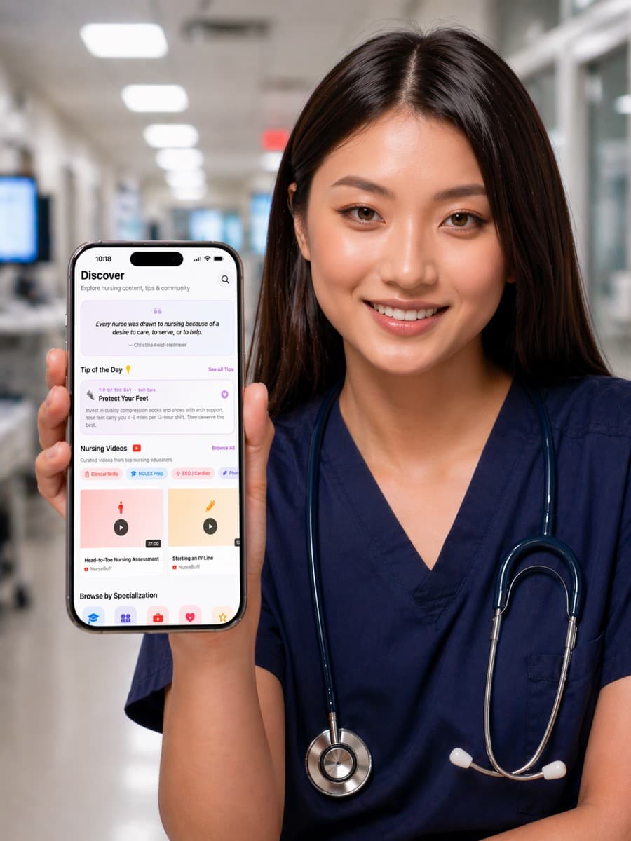 A nurse holding the aiNurses app on iPhone